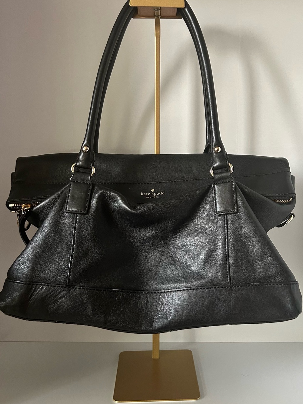 kate spade Black Leather Shoulder Tote with Gold Accent
